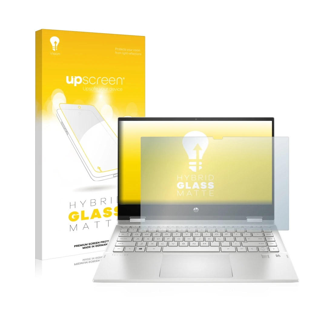 Parte frontale di una confezione del prodotto con il logo del marchio upscreen. Accanto è raffigurato il dispositivo HP Pavili