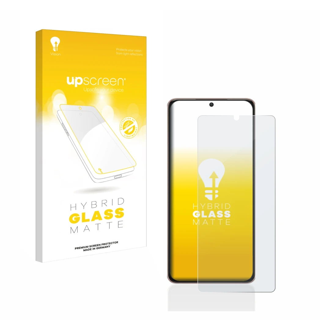 Parte frontale di una confezione del prodotto con il logo del marchio upscreen. Accanto è raffigurato il dispositivo Samsung G