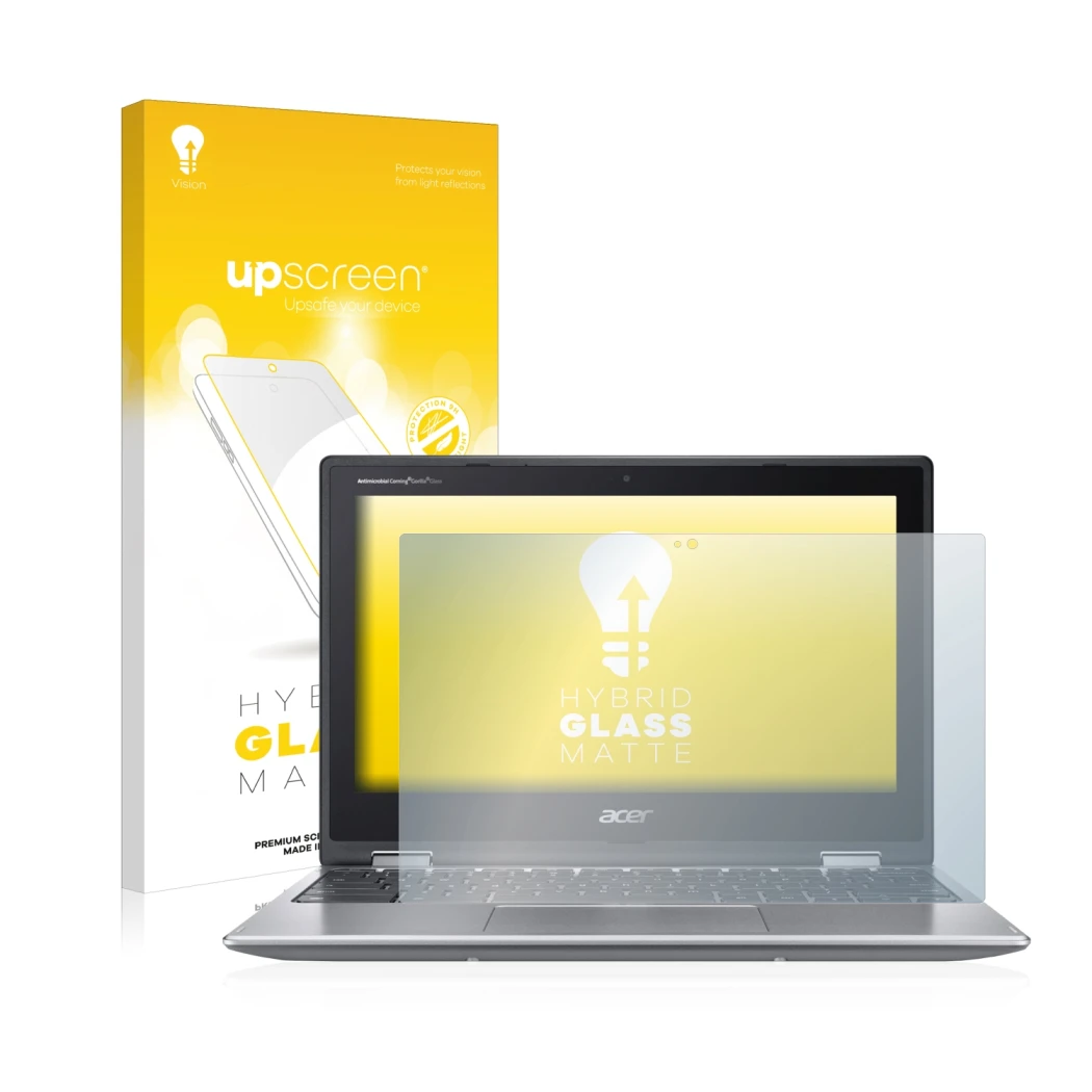 Parte frontale di una confezione del prodotto con il logo del marchio upscreen. Accanto è raffigurato il dispositivo Acer Chro