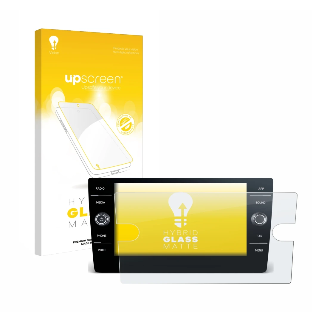 Parte frontale di una confezione del prodotto con il logo del marchio upscreen. Accanto è raffigurato il dispositivo Volkswage