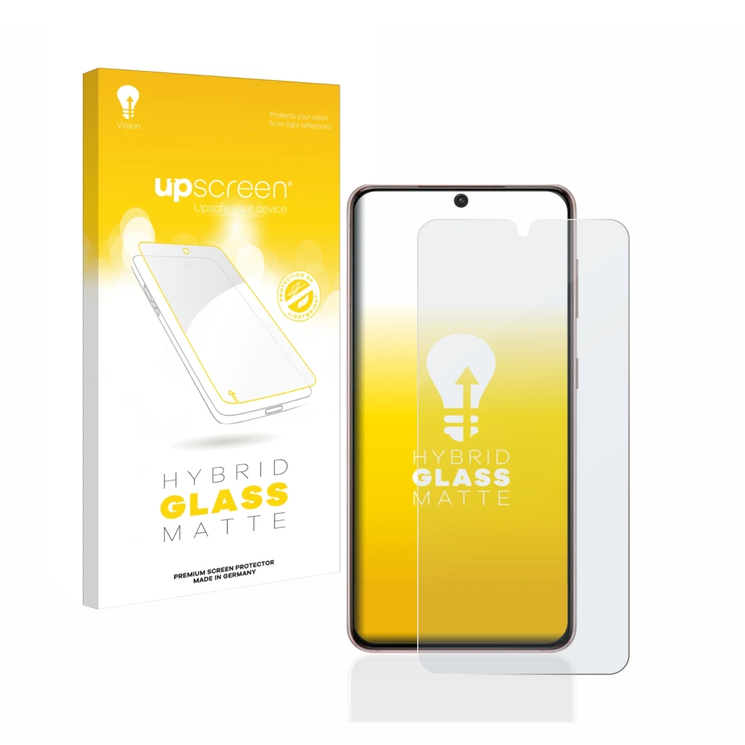 Parte frontale di una confezione del prodotto con il logo del marchio upscreen. Accanto è raffigurato il dispositivo Samsung G