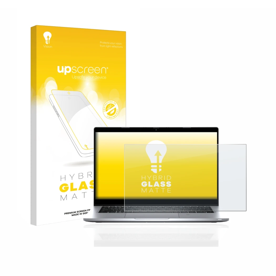 Parte frontale di una confezione del prodotto con il logo del marchio upscreen. Accanto è raffigurato il dispositivo Dell Lati