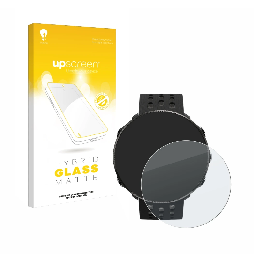 Parte frontale di una confezione del prodotto con il logo del marchio upscreen. Accanto è raffigurato il dispositivo Polar Van