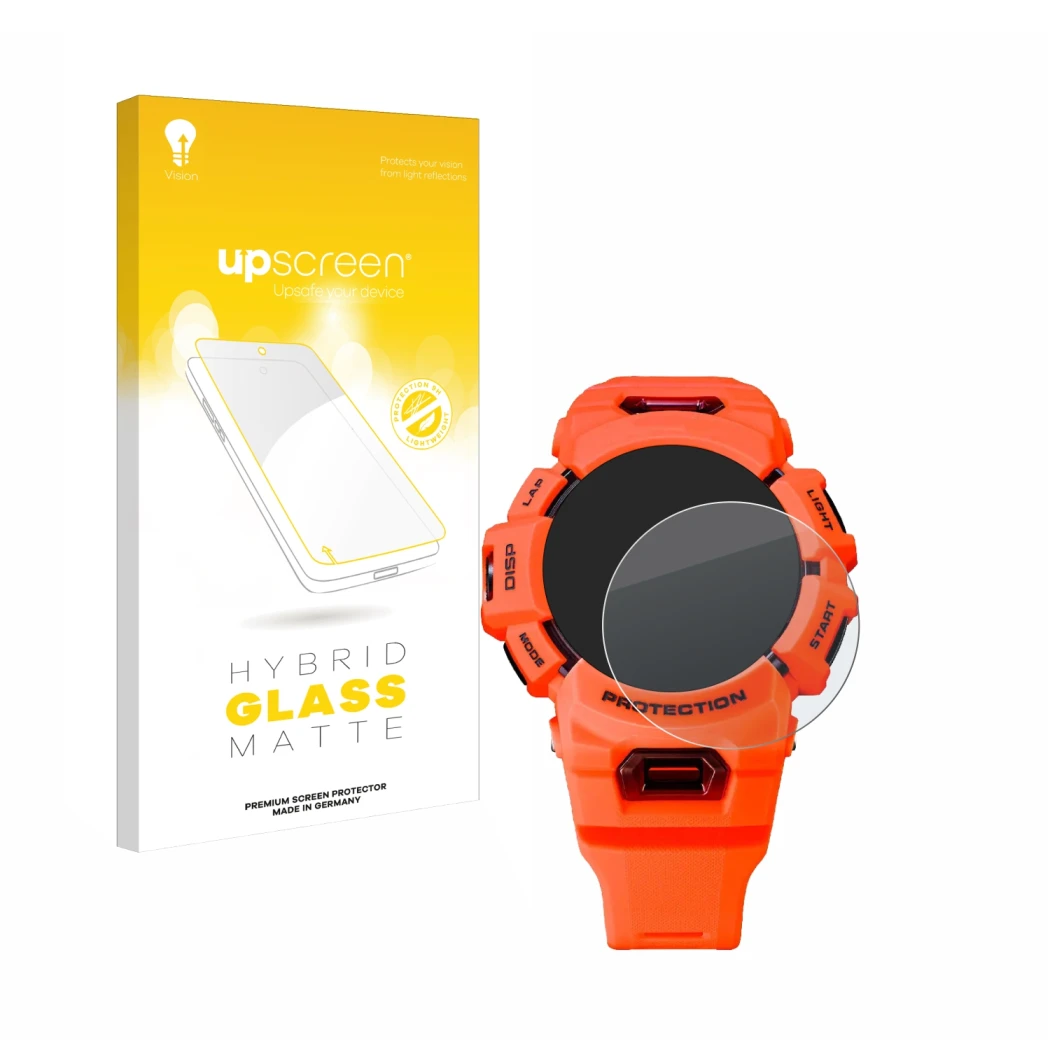 Parte frontale di una confezione del prodotto con il logo del marchio upscreen. Accanto è raffigurato il dispositivo Casio G-S