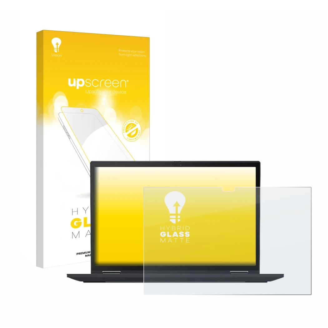 Parte frontale di una confezione del prodotto con il logo del marchio upscreen. Accanto è raffigurato il dispositivo Lenovo Th