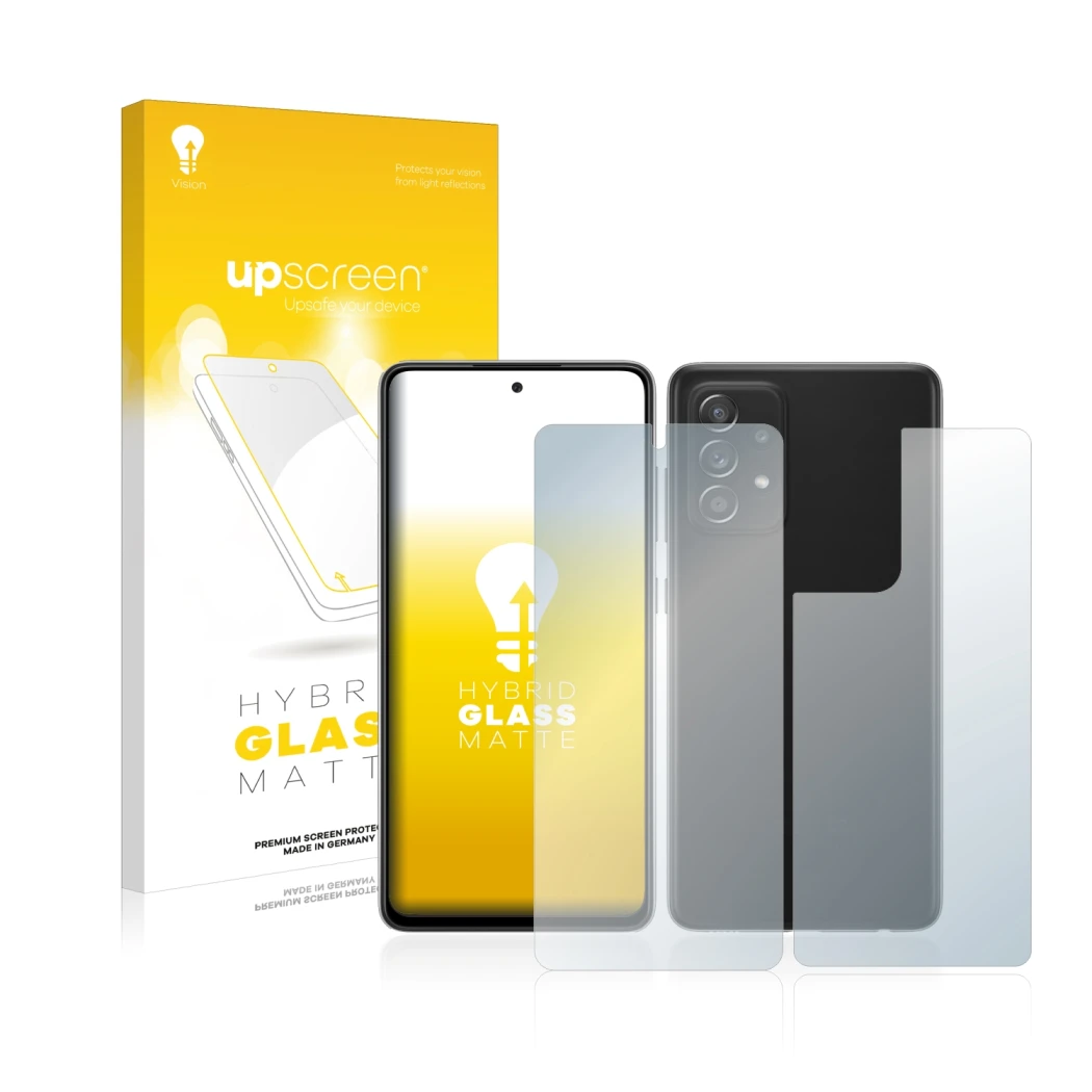 Parte frontale di una confezione del prodotto con il logo del marchio upscreen. Accanto è raffigurato il dispositivo Samsung G