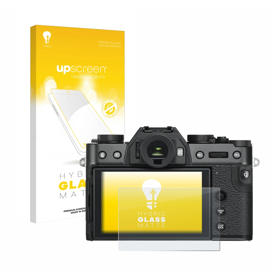 Parte frontale di una confezione del prodotto con il logo del marchio upscreen. Accanto è raffigurato il dispositivo Fujifilm 