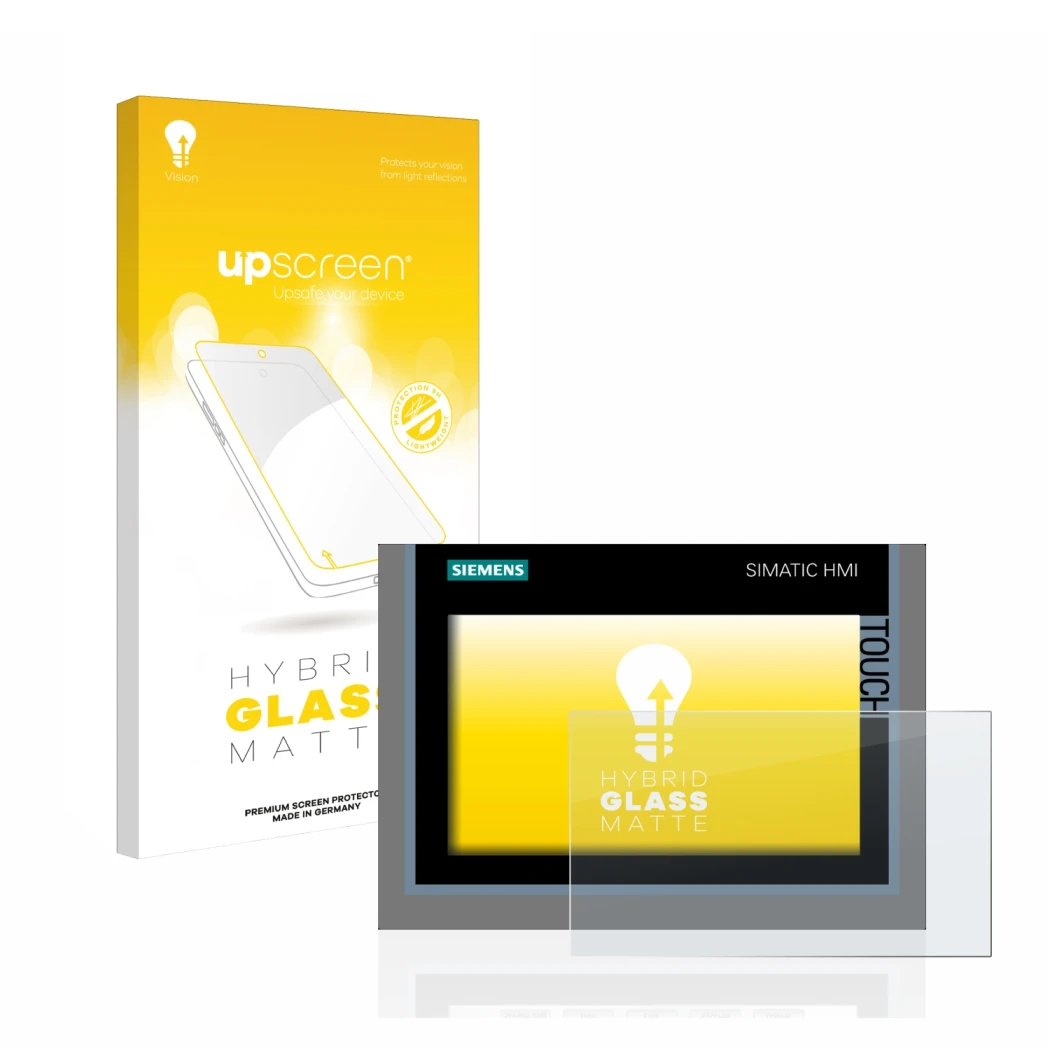 Parte frontale di una confezione del prodotto con il logo del marchio upscreen. Accanto è raffigurato il dispositivo Siemens S