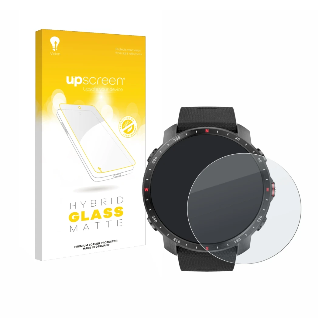 Parte frontale di una confezione del prodotto con il logo del marchio upscreen. Accanto è raffigurato il dispositivo Polar Gri