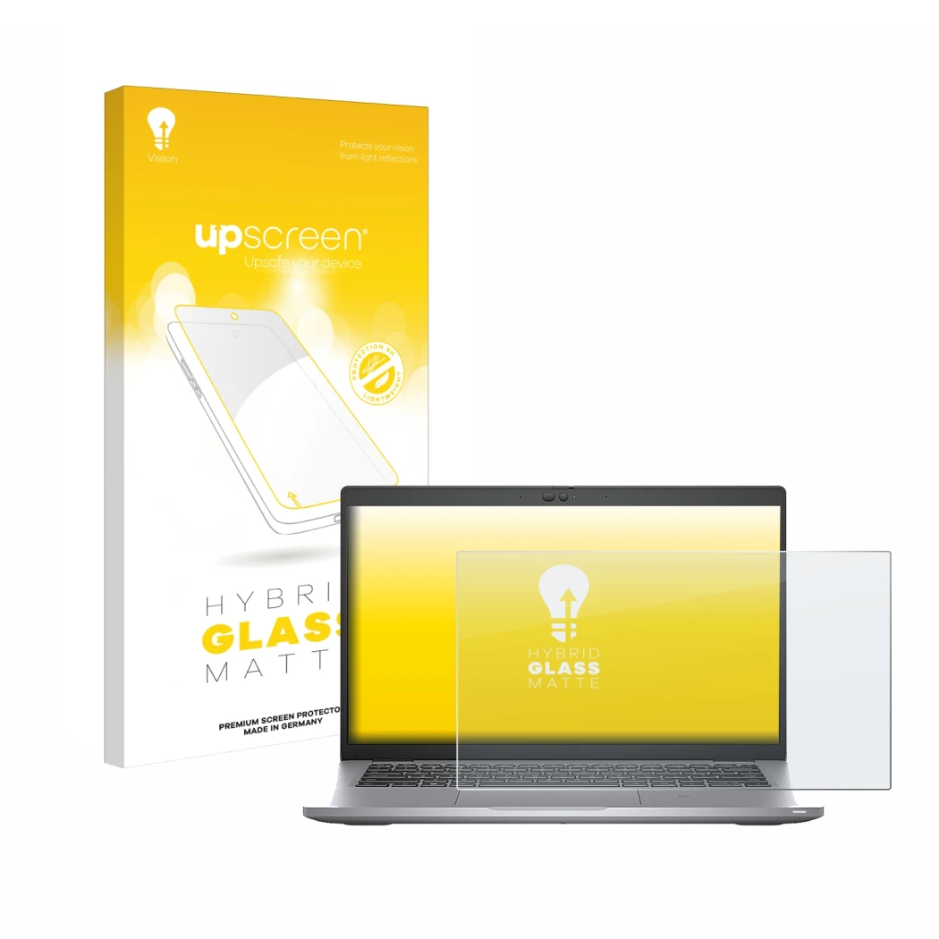 Parte frontale di una confezione del prodotto con il logo del marchio upscreen. Accanto è raffigurato il dispositivo Dell Lati