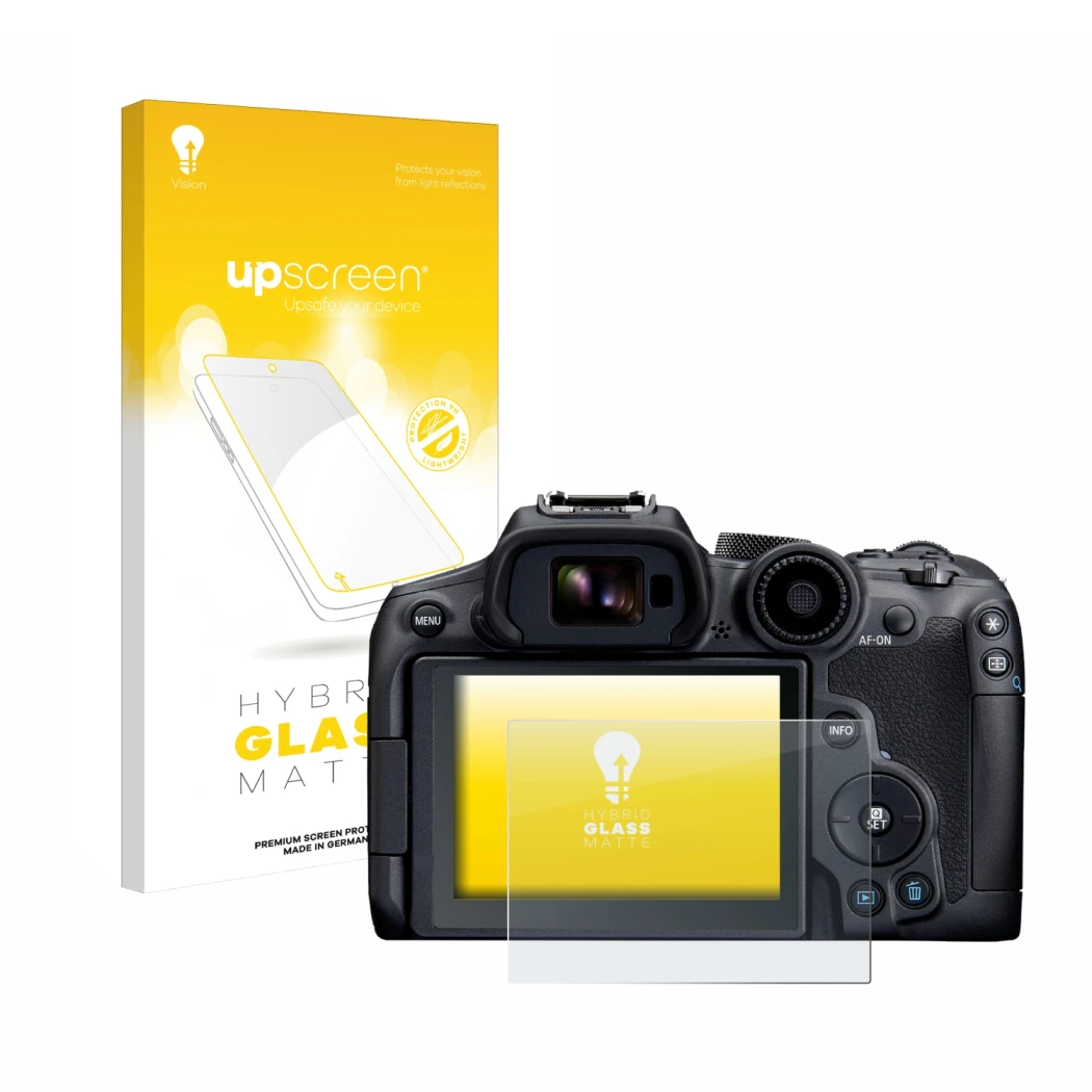 Parte frontale di una confezione del prodotto con il logo del marchio upscreen. Accanto è raffigurato il dispositivo Canon EOS