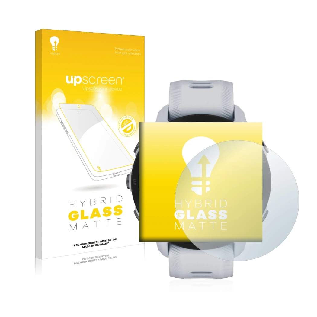 Parte frontale di una confezione del prodotto con il logo del marchio upscreen. Accanto è raffigurato il dispositivo Garmin Fo