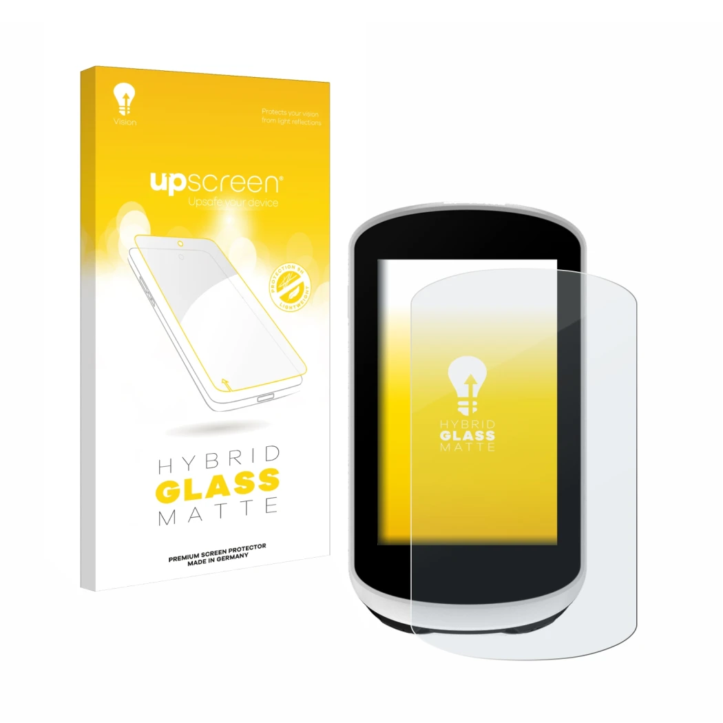 Parte frontale di una confezione del prodotto con il logo del marchio upscreen. Accanto è raffigurato il dispositivo Garmin Ed