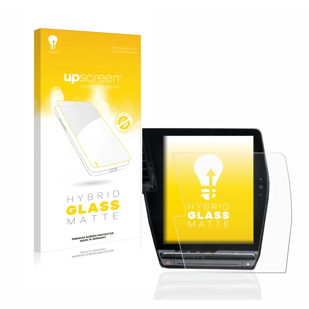 Parte frontale di una confezione del prodotto con il logo del marchio upscreen. Accanto è raffigurato il dispositivo Renault M