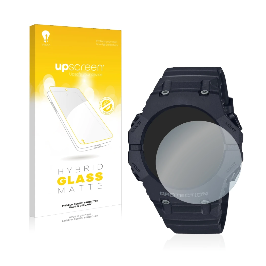 Parte frontale di una confezione del prodotto con il logo del marchio upscreen. Accanto è raffigurato il dispositivo Casio G-S