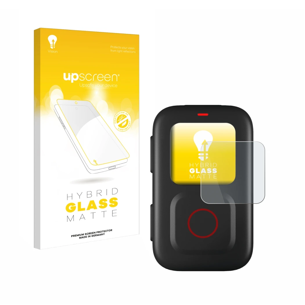 Parte frontale di una confezione del prodotto con il logo del marchio upscreen. Accanto è raffigurato il dispositivo GoPro Rem