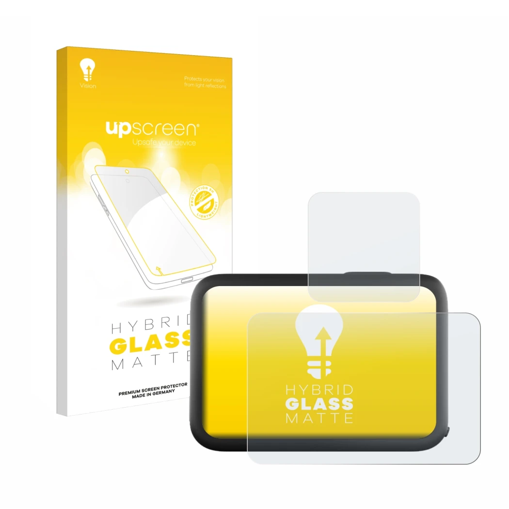 Parte frontale di una confezione del prodotto con il logo del marchio upscreen. Accanto è raffigurato il dispositivo GoPro Her