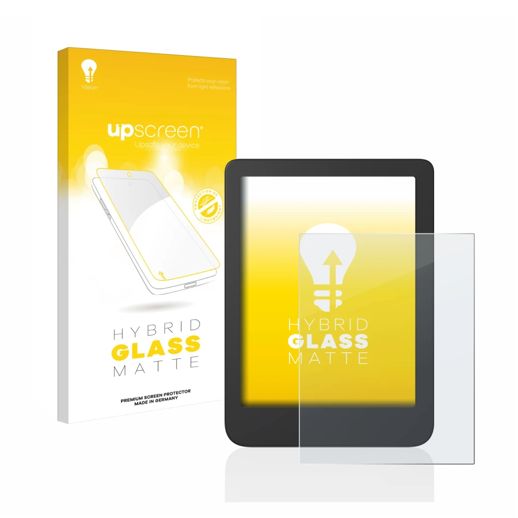 Parte frontale di una confezione del prodotto con il logo del marchio upscreen. Accanto è raffigurato il dispositivo Tolino Sh