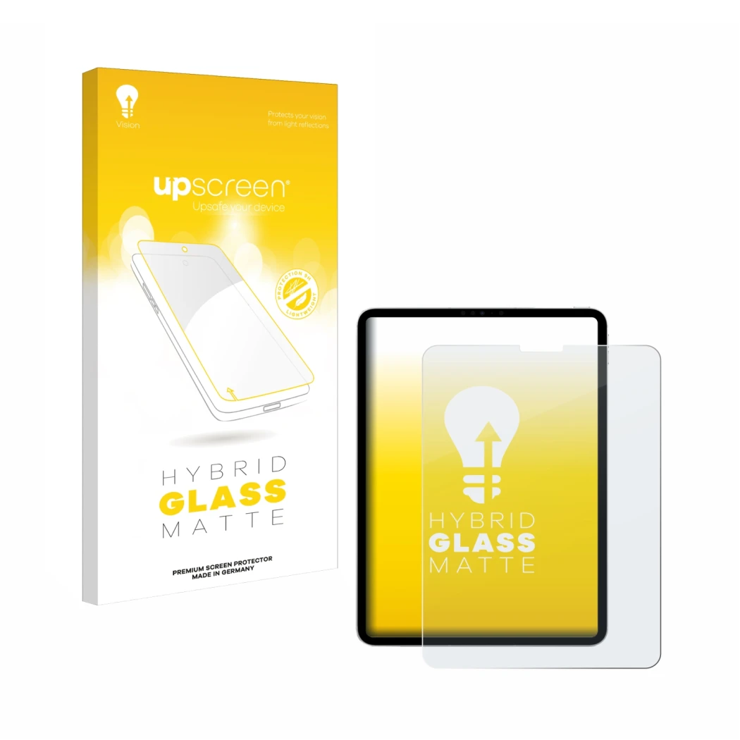 Parte frontale di una confezione del prodotto con il logo del marchio upscreen. Accanto è raffigurato il dispositivo Apple iPa