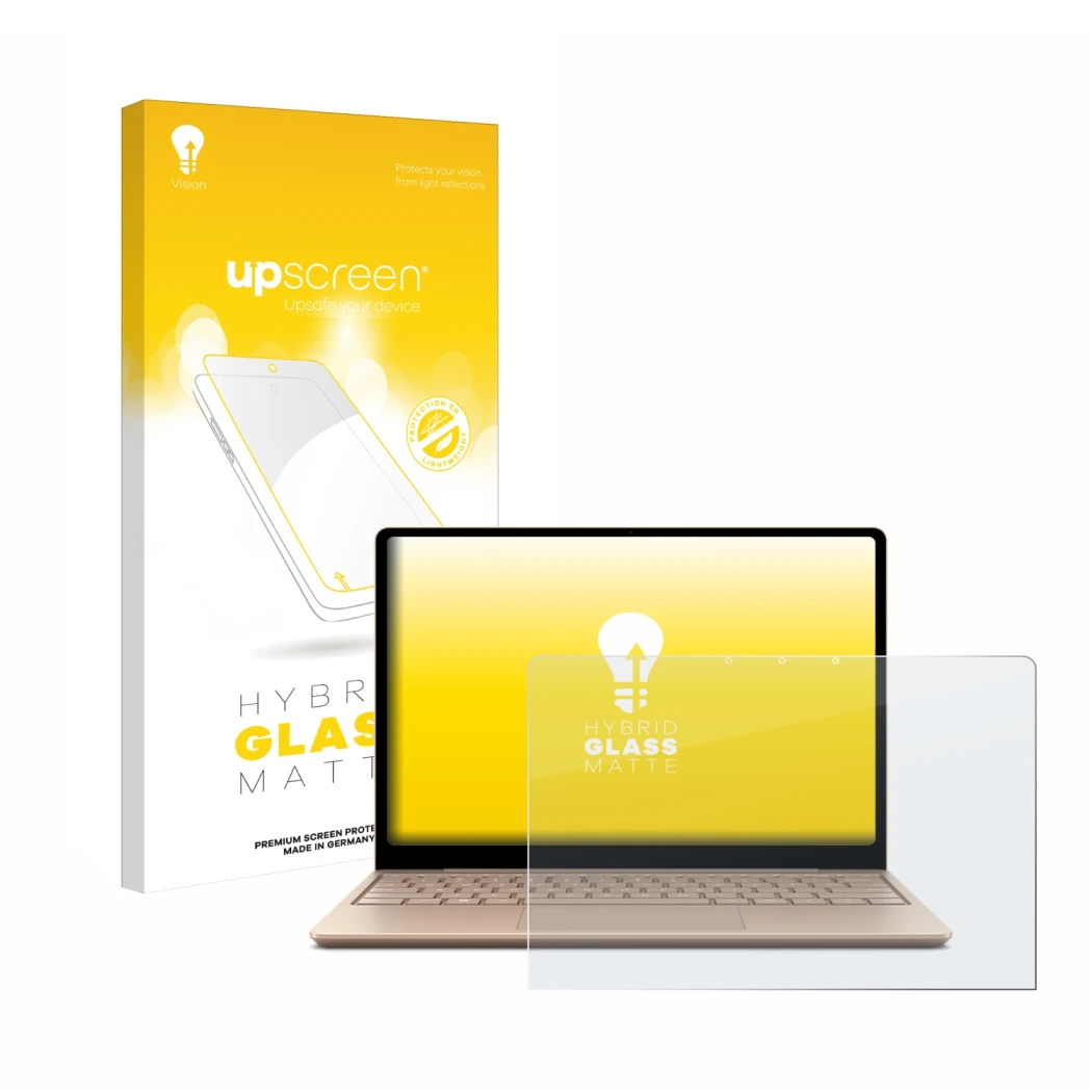 Parte frontale di una confezione del prodotto con il logo del marchio upscreen. Accanto è raffigurato il dispositivo Microsoft