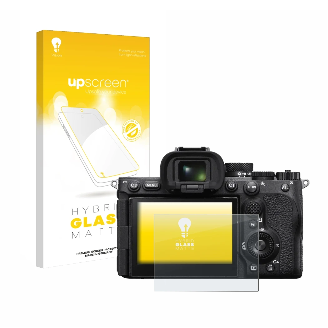 Parte frontale di una confezione del prodotto con il logo del marchio upscreen. Accanto è raffigurato il dispositivo Sony Alph