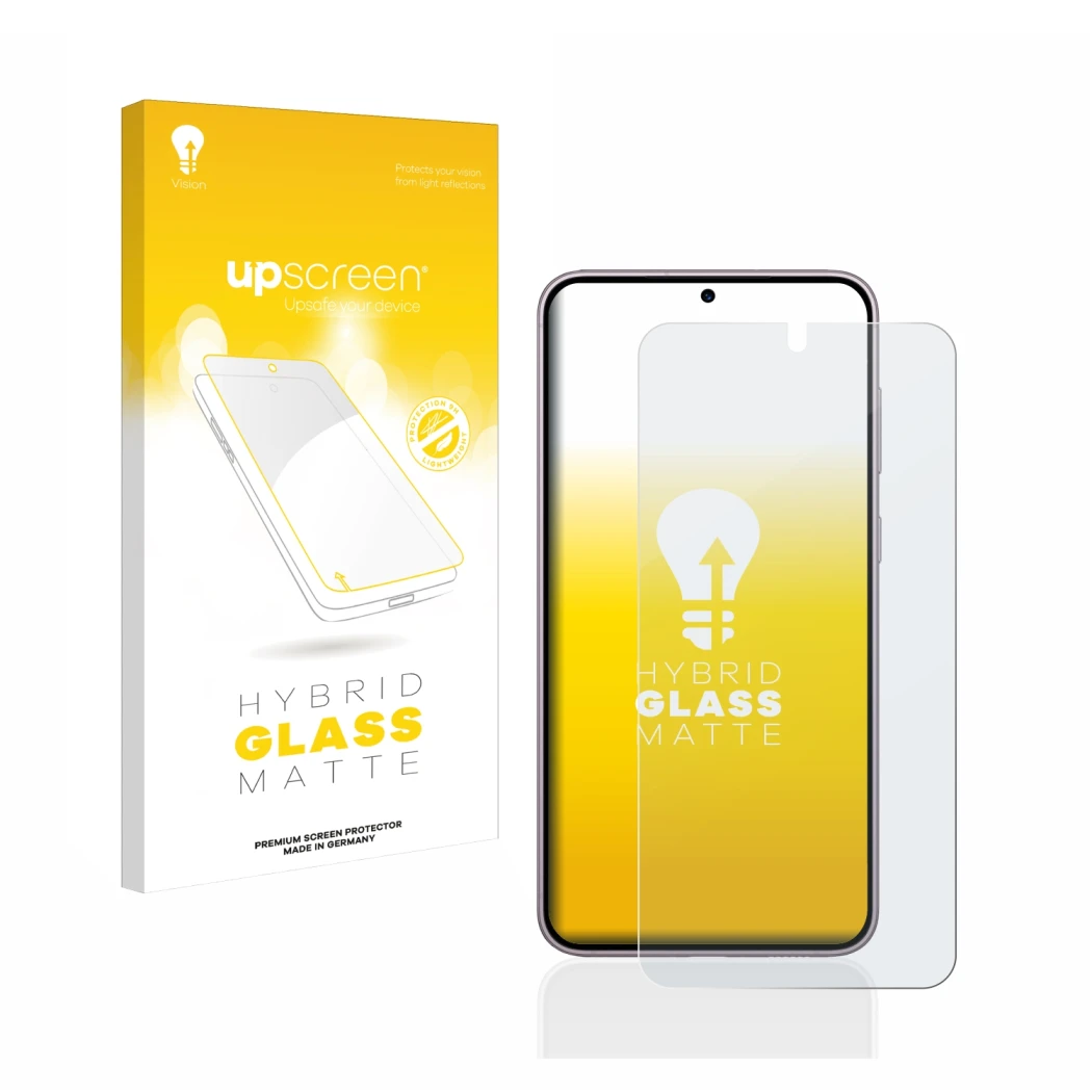 Parte frontale di una confezione del prodotto con il logo del marchio upscreen. Accanto è raffigurato il dispositivo Samsung G