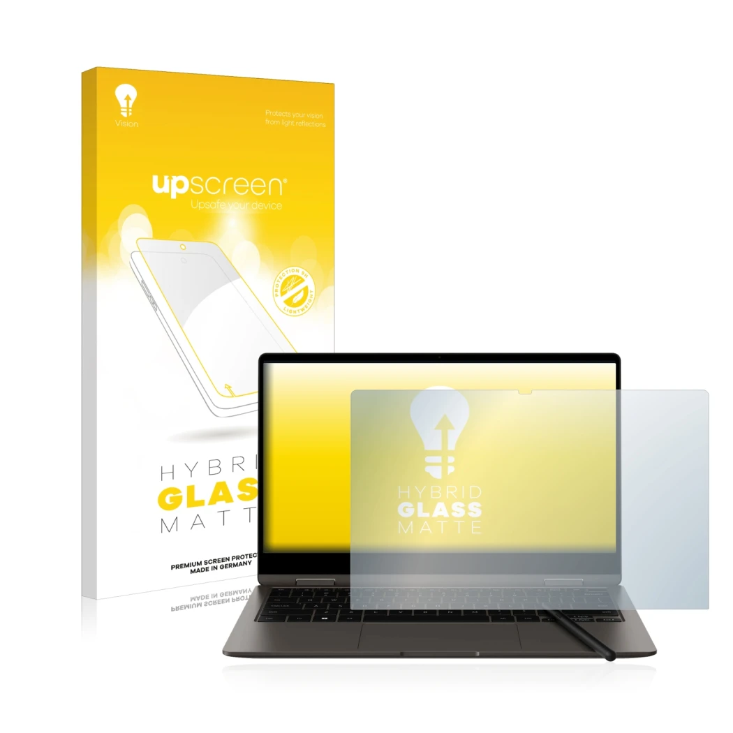 Parte frontale di una confezione del prodotto con il logo del marchio upscreen. Accanto è raffigurato il dispositivo Samsung G