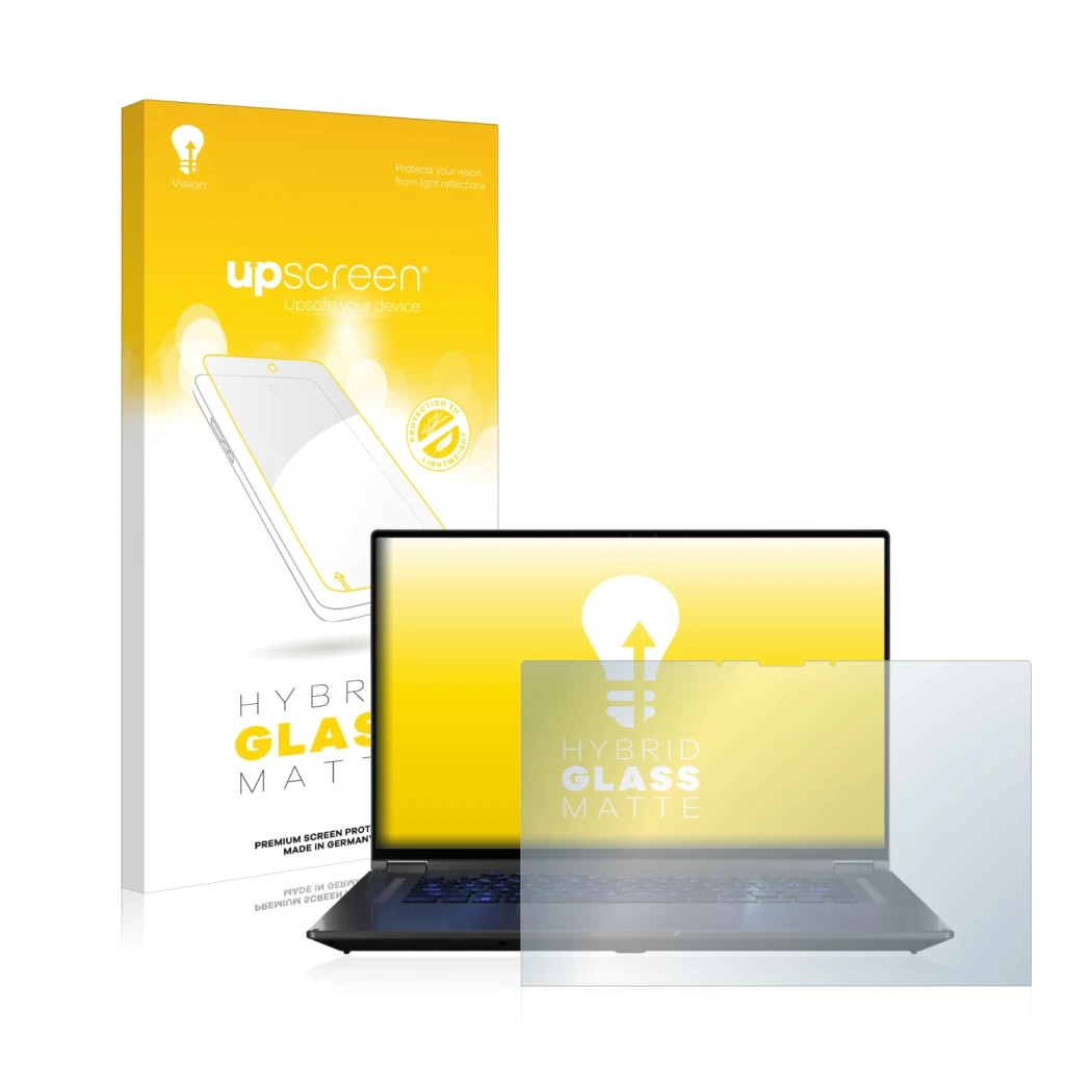 Parte frontale di una confezione del prodotto con il logo del marchio upscreen. Accanto è raffigurato il dispositivo ASUS ROG 