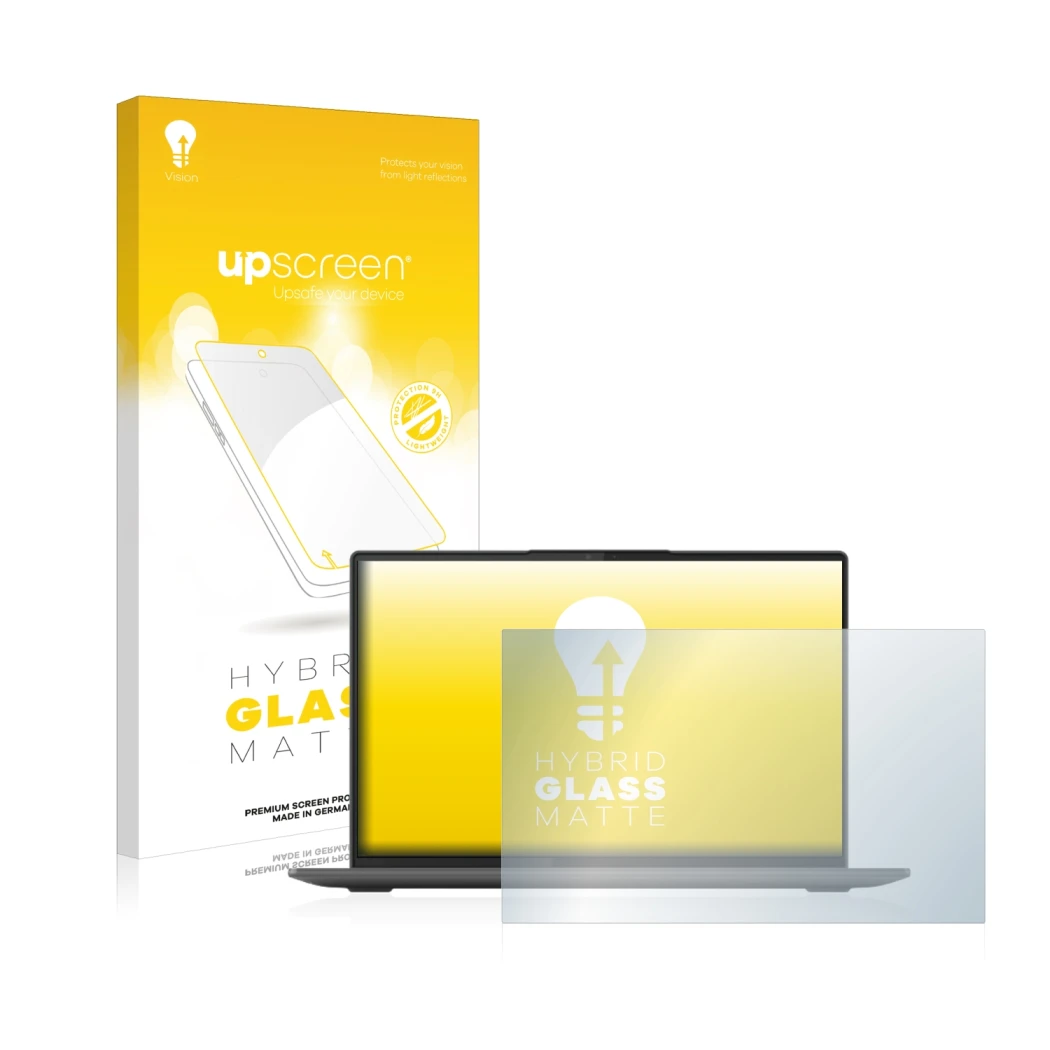 Parte frontale di una confezione del prodotto con il logo del marchio upscreen. Accanto è raffigurato il dispositivo Lenovo Yo