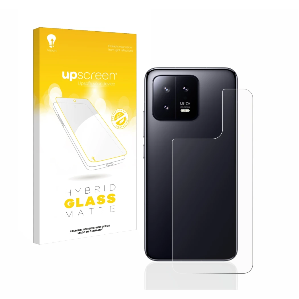 Parte frontale di una confezione del prodotto con il logo del marchio upscreen. Accanto è raffigurato il dispositivo Xiaomi 13