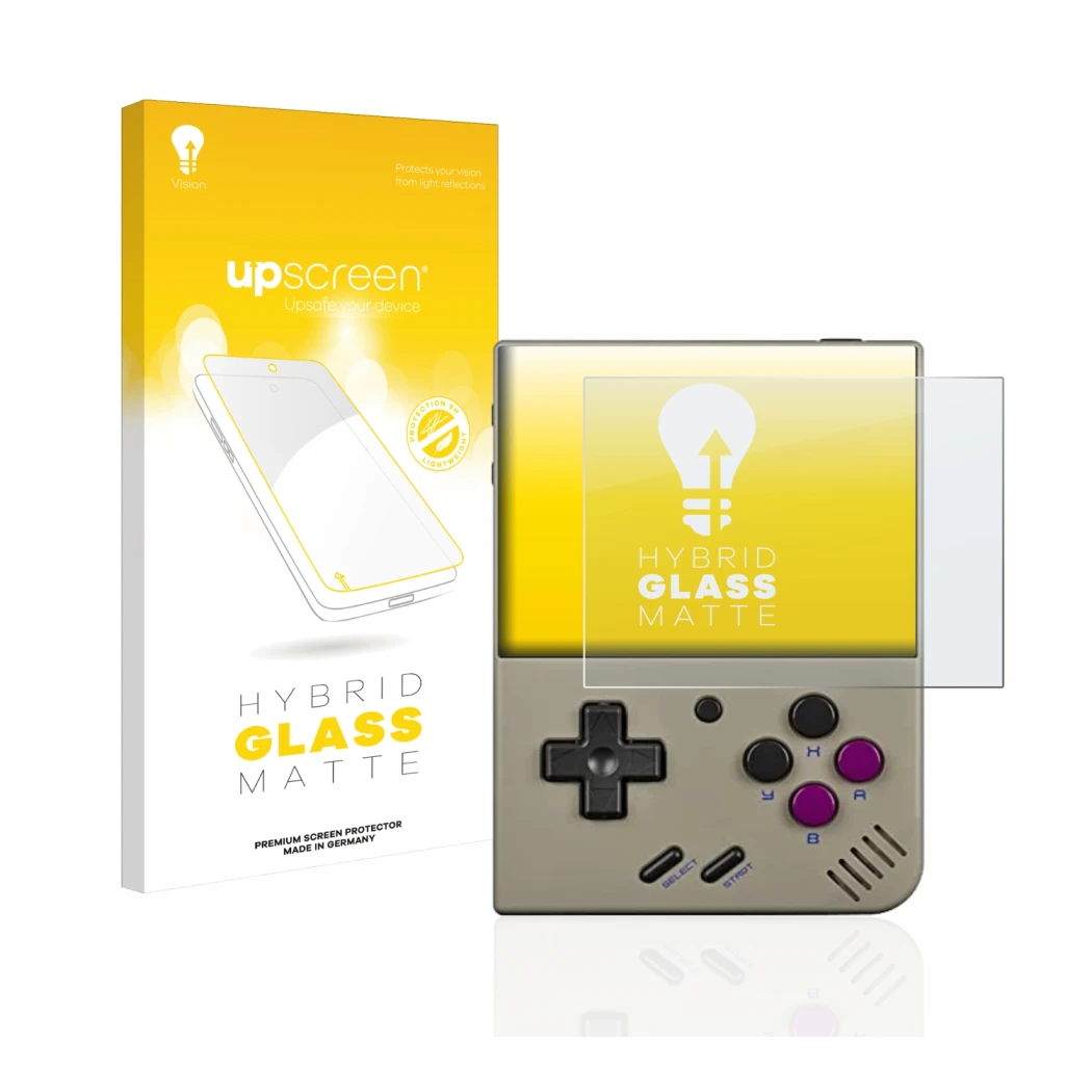 Parte frontale di una confezione del prodotto con il logo del marchio upscreen. Accanto è raffigurato il dispositivo Miyoo Min