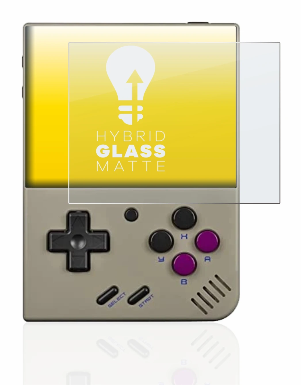 Immagine del dispositivo Miyoo Mini Plus con un'ampia varietà di protezioni per lo schermo.