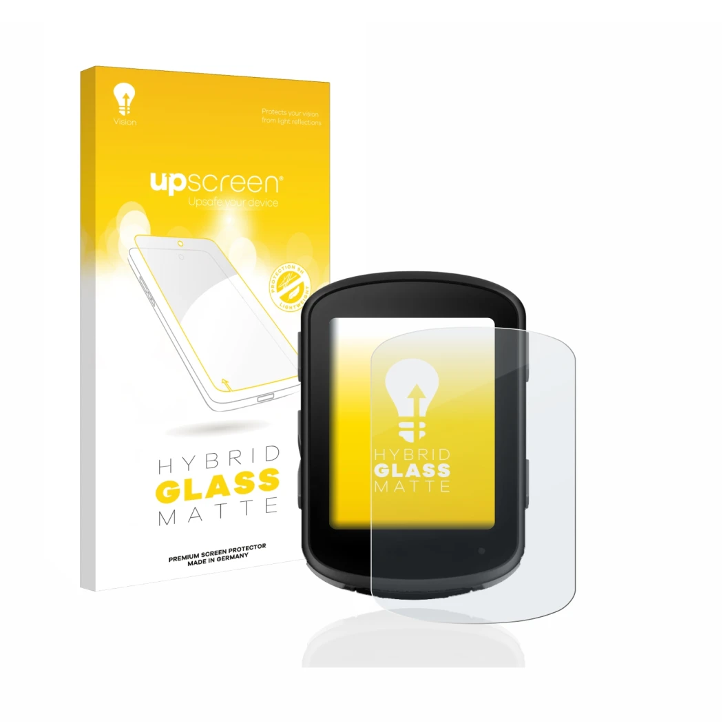 Parte frontale di una confezione del prodotto con il logo del marchio upscreen. Accanto è raffigurato il dispositivo Garmin Ed