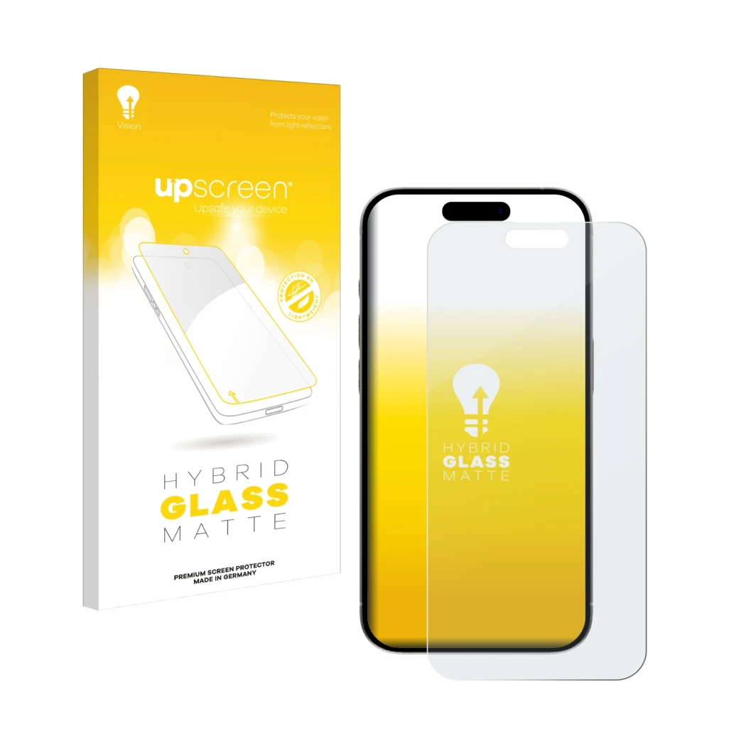 Parte frontale di una confezione del prodotto con il logo del marchio upscreen. Accanto è raffigurato il dispositivo Apple iPh