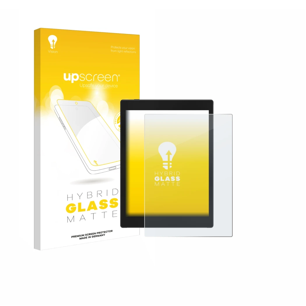 Parte frontale di una confezione del prodotto con il logo del marchio upscreen. Accanto è raffigurato il dispositivo Boox Tab 