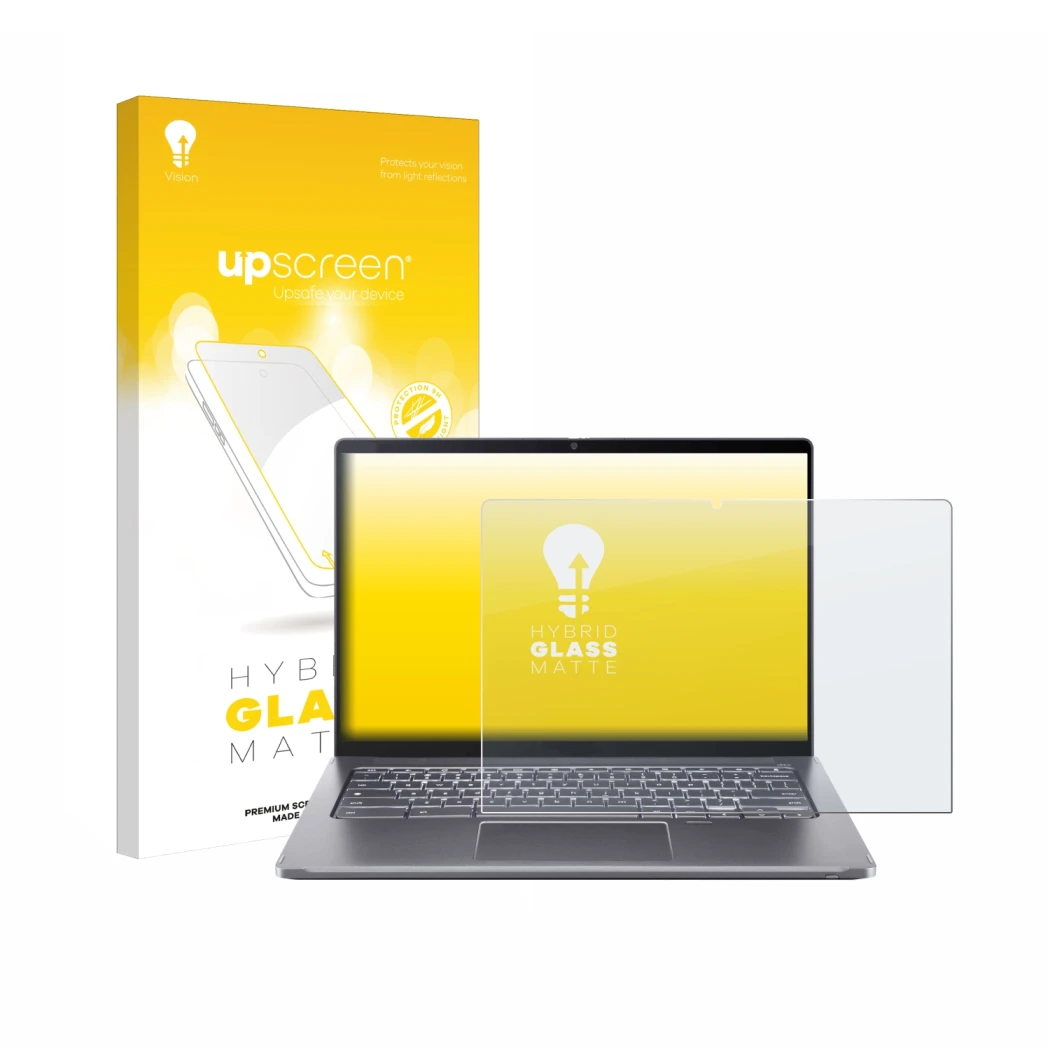 Parte frontale di una confezione del prodotto con il logo del marchio upscreen. Accanto è raffigurato il dispositivo Acer Chro