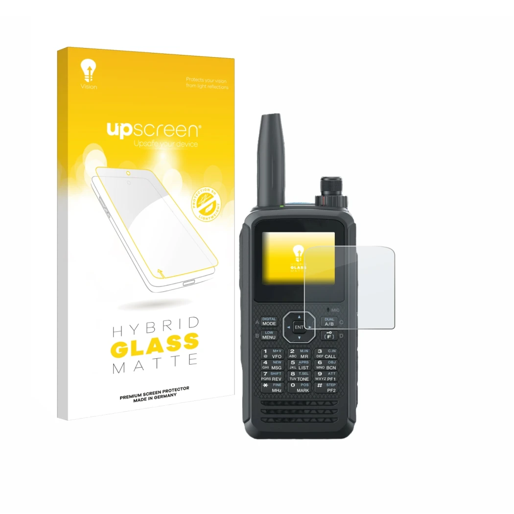 Parte frontale di una confezione del prodotto con il logo del marchio upscreen. Accanto è raffigurato il dispositivo Kenwood T