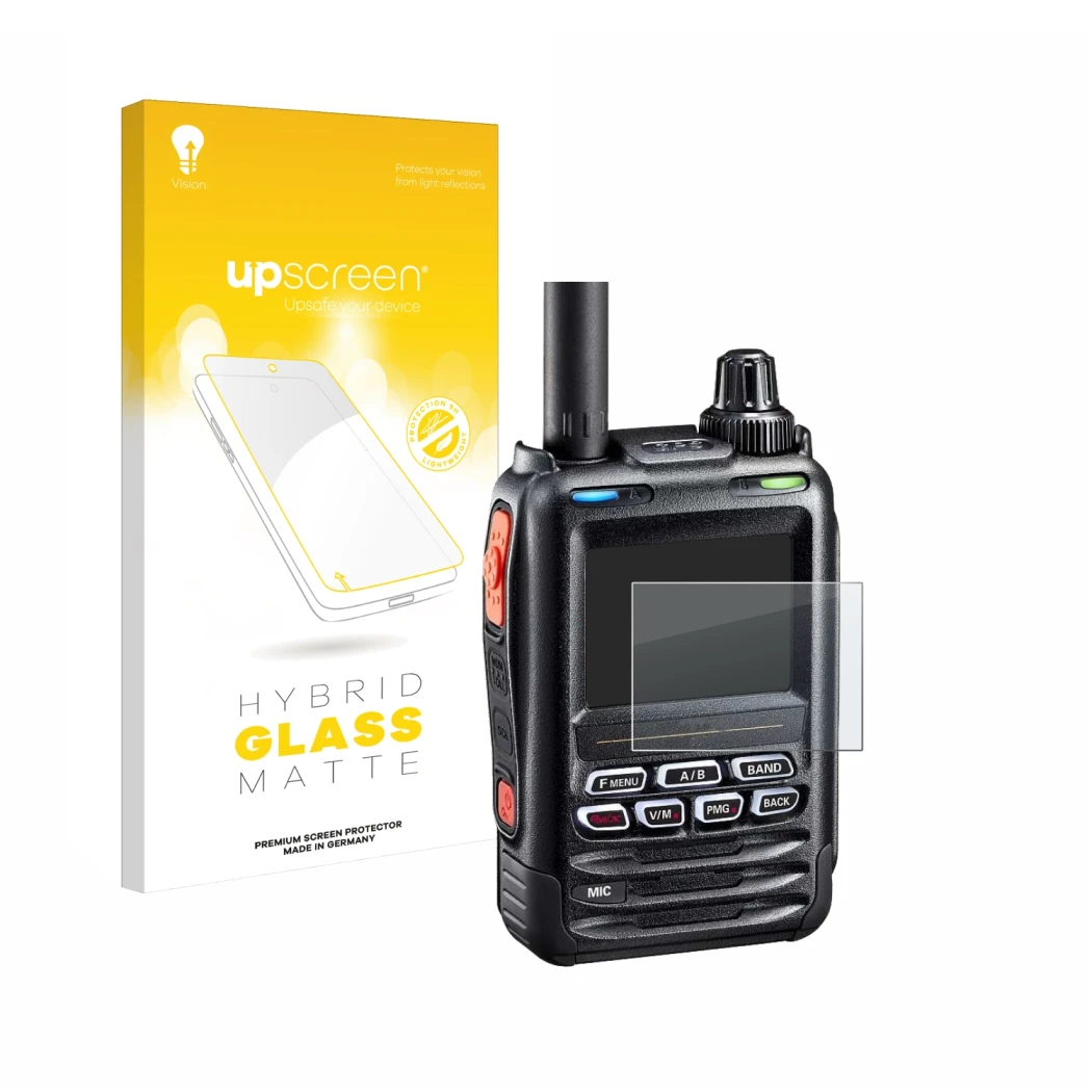 Parte frontale di una confezione del prodotto con il logo del marchio upscreen. Accanto è raffigurato il dispositivo Yaesu FT-