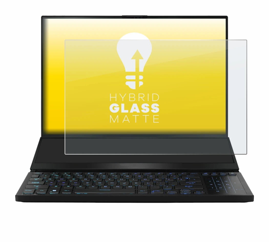 Immagine del dispositivo ASUS ROG Zephyrus Duo 16 2023 con un'ampia varietà di protezioni per lo schermo.