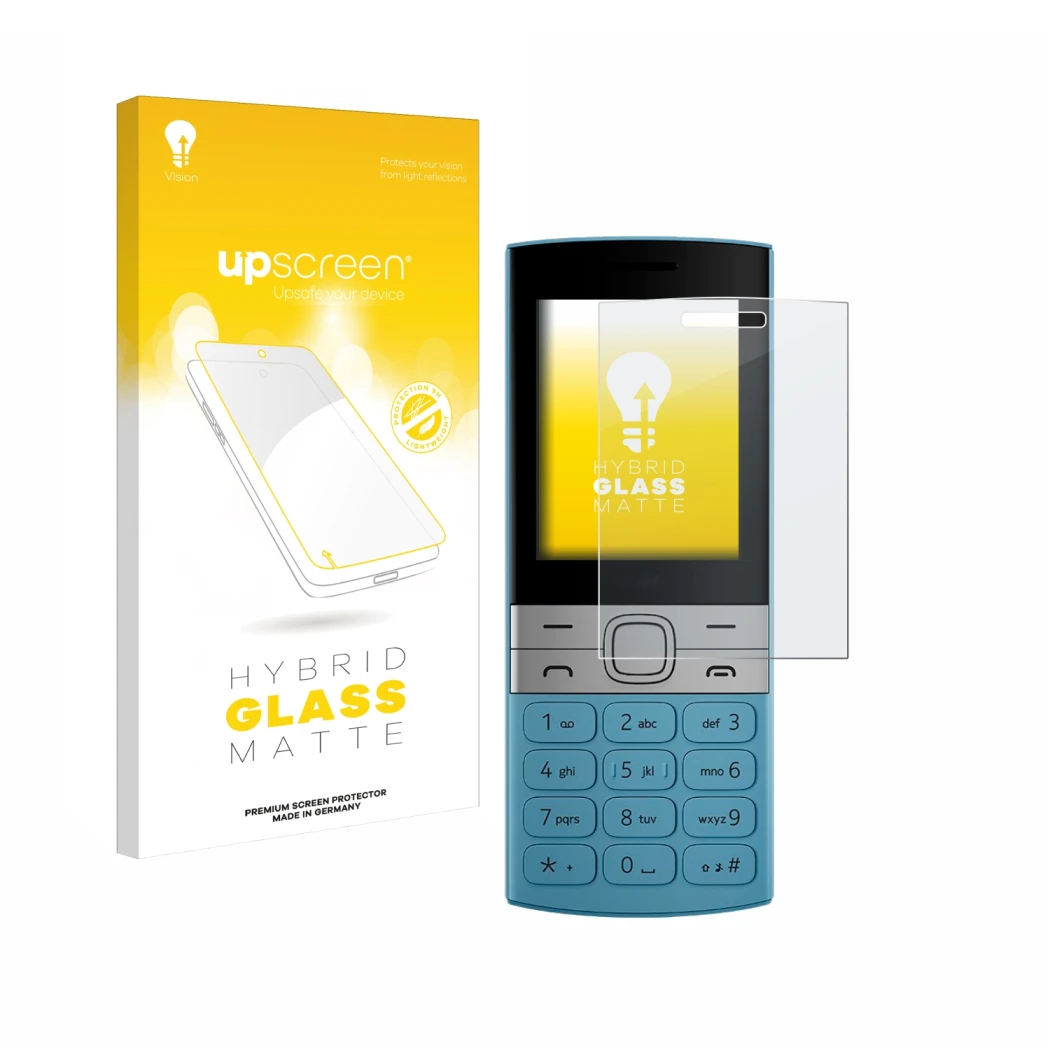 Parte frontale di una confezione del prodotto con il logo del marchio upscreen. Accanto è raffigurato il dispositivo Nokia 150