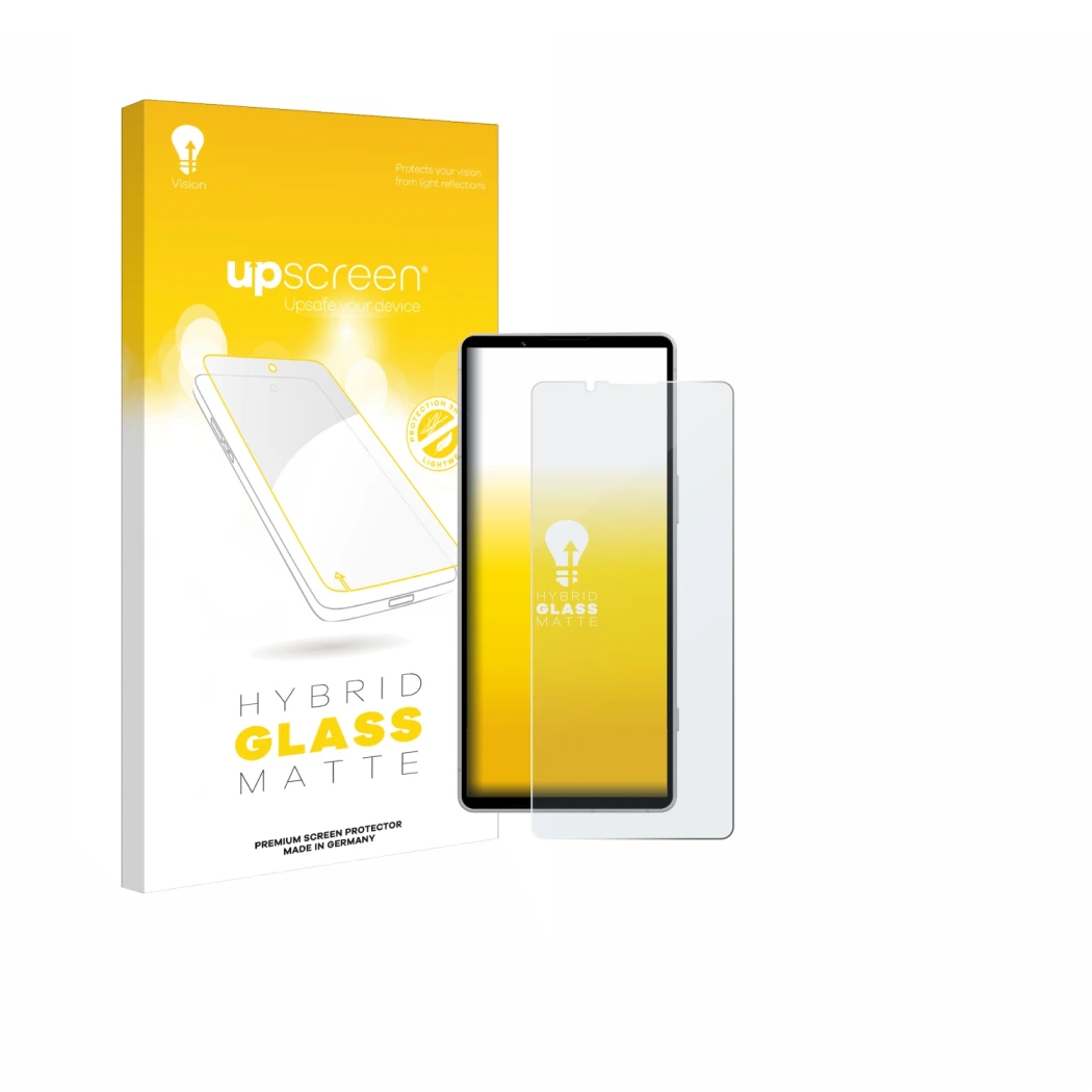 Parte frontale di una confezione del prodotto con il logo del marchio upscreen. Accanto è raffigurato il dispositivo Sony Xper