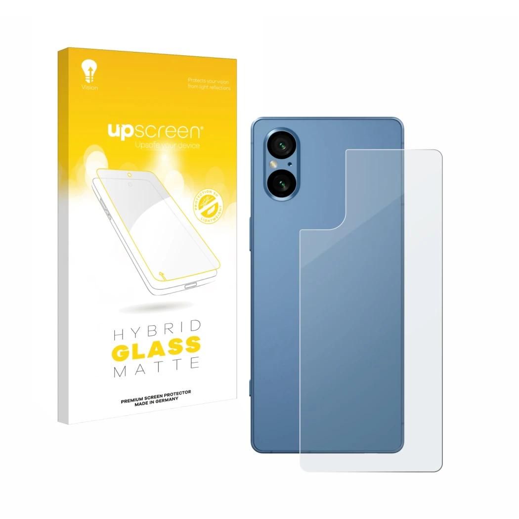 Parte frontale di una confezione del prodotto con il logo del marchio upscreen. Accanto è raffigurato il dispositivo Sony Xper