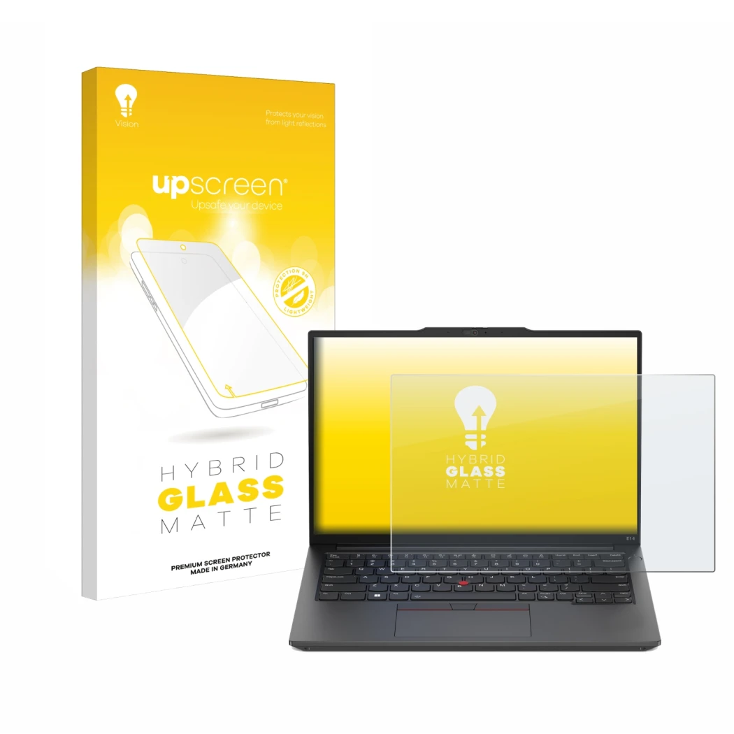 Parte frontale di una confezione del prodotto con il logo del marchio upscreen. Accanto è raffigurato il dispositivo Lenovo Th