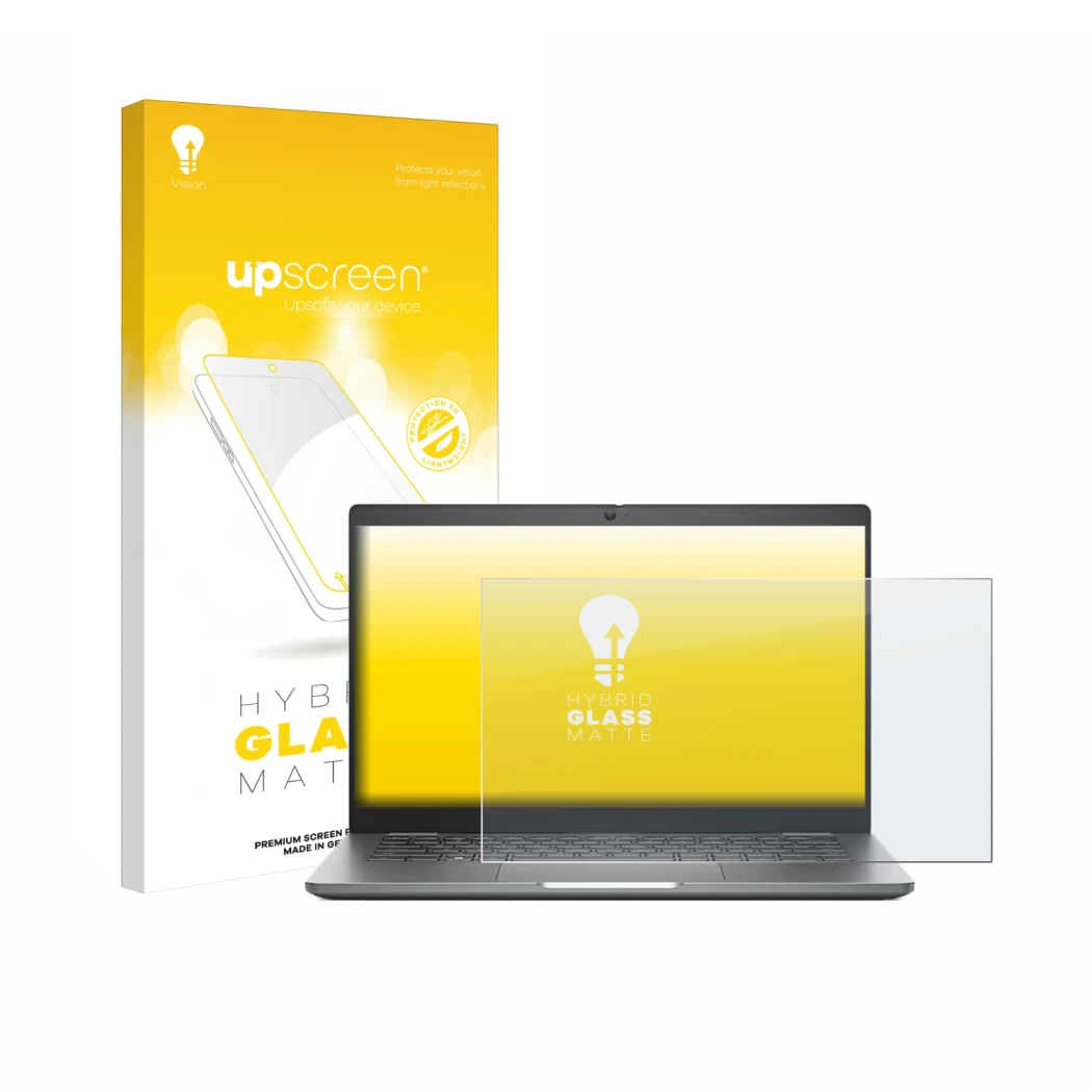 Parte frontale di una confezione del prodotto con il logo del marchio upscreen. Accanto è raffigurato il dispositivo Dell Lati