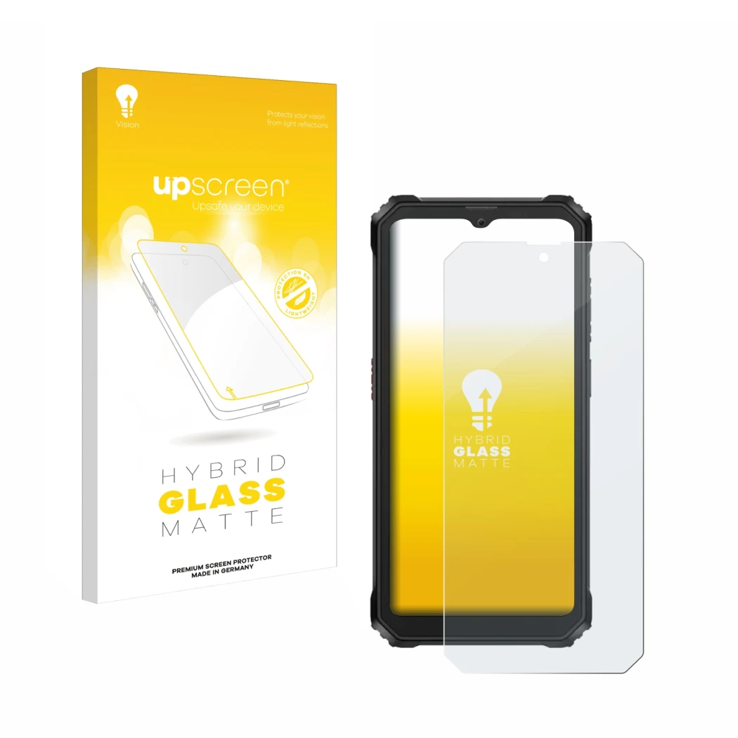 Parte frontale di una confezione del prodotto con il logo del marchio upscreen. Accanto è raffigurato il dispositivo Blackview