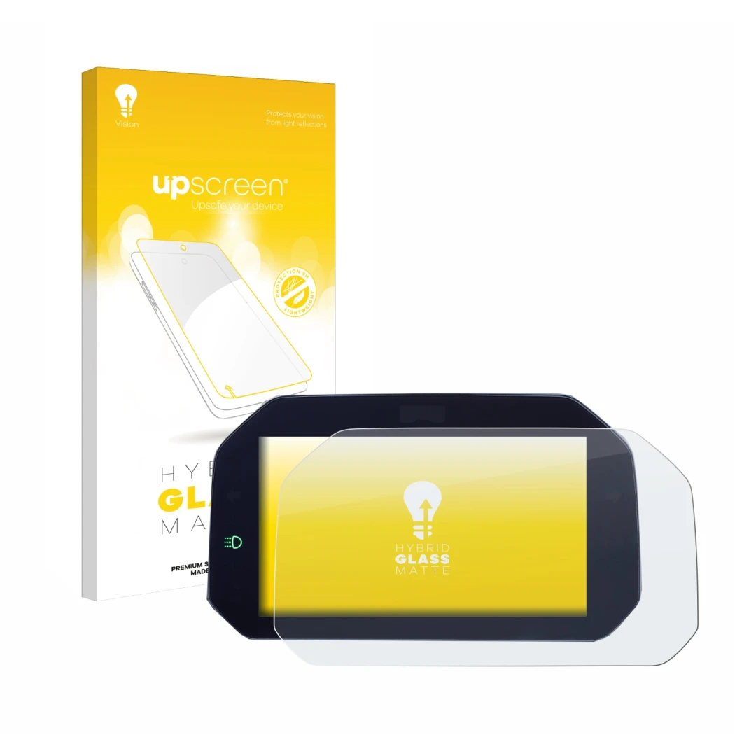 Parte frontale di una confezione del prodotto con il logo del marchio upscreen. Accanto è raffigurato il dispositivo BMW R 130