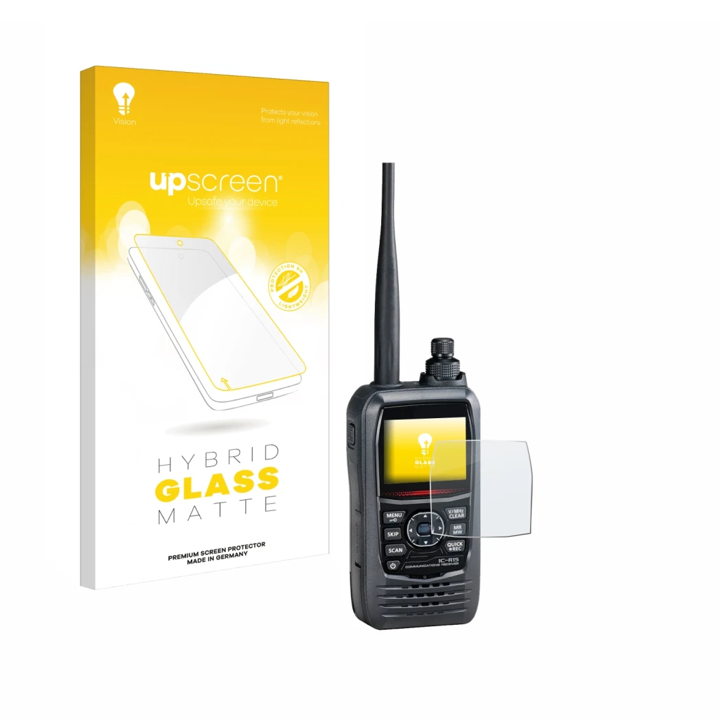 Parte frontale di una confezione del prodotto con il logo del marchio upscreen. Accanto è raffigurato il dispositivo Icom IC-R