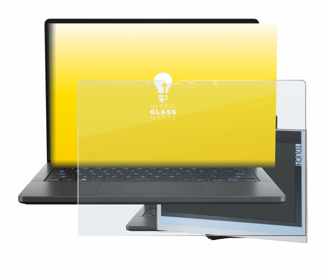 Immagine del dispositivo ASUS ROG Zephyrus G14 2024 GA403 con un'ampia varietà di protezioni per lo schermo.