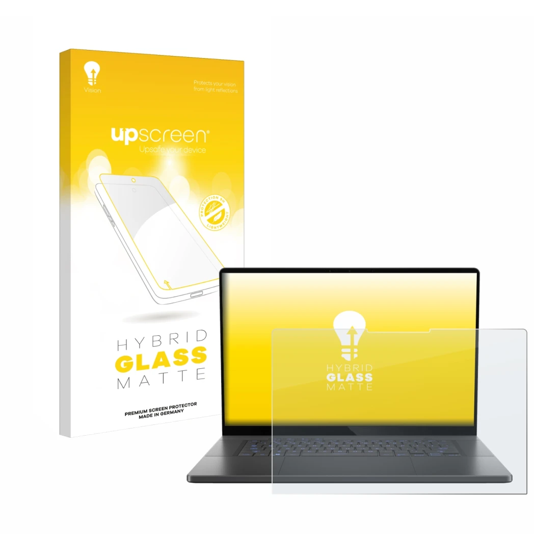 Parte frontale di una confezione del prodotto con il logo del marchio upscreen. Accanto è raffigurato il dispositivo ASUS ROG 