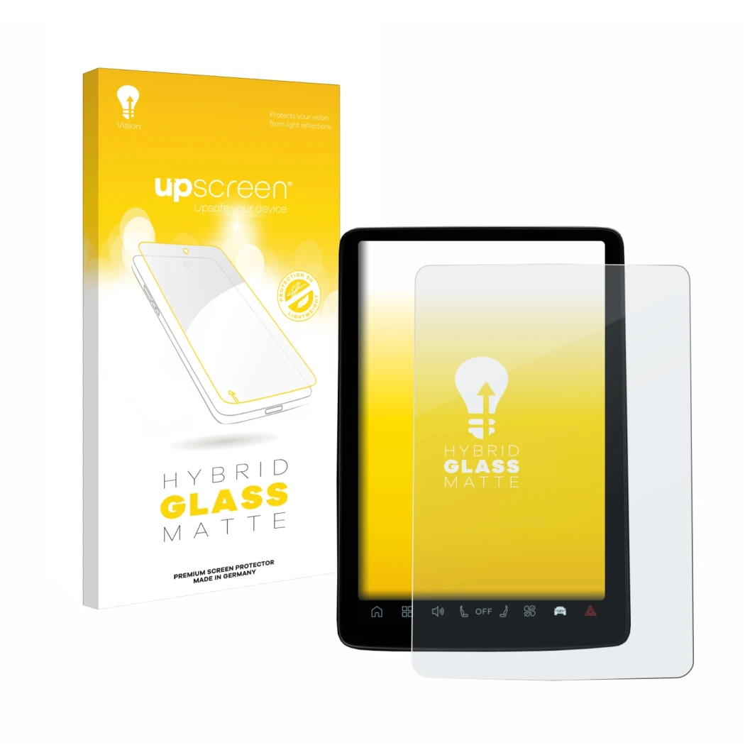 Parte frontale di una confezione del prodotto con il logo del marchio upscreen. Accanto è raffigurato il dispositivo Volvo EX3